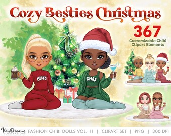 Christmas Chibi Best Friends Clipart | Cute Chibi Souls Sisters Sitting with Cocktail Drinks | Customizable Hair and Fashion Illustrations