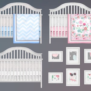 May include: Two white cribs with different bedding. One crib has a blue and white chevron patterned blanket and the other has a pink floral patterned blanket. There are five white picture frames on the wall behind the cribs.