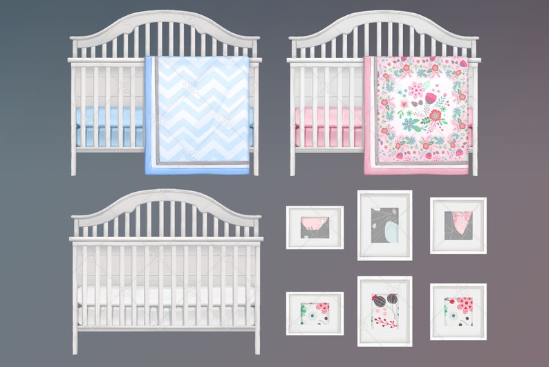 May include: Two white cribs with different bedding. One crib has a blue and white chevron patterned blanket and the other has a pink floral patterned blanket. There are five white picture frames on the wall behind the cribs.