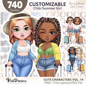 May include: Digital illustration featuring two chibi-style summer girls with luggage. One has red hair, glasses, and a blue jacket; the other has brown hair and a yellow cardigan. The image includes the text "CUSTOMIZABLE Chibi Summer Girl" and "740 Elements."