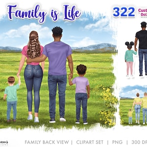 Clipart familial, png famille personnalisable, maman papa enfants fille fils png, clipart vue arrière, conception de sublimation personnalisable