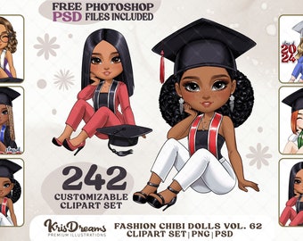 Graduation Girls Customizable Clipart: Chibi Students Graduation Gown, and Cap Png, Mix and Match Outfits and Hairstyles for Commercial Use