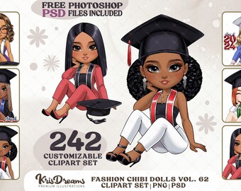 Graduation Girls Customizable Clipart: Chibi Students Graduation Gown, and Cap Png, Mix and Match Outfits and Hairstyles for Commercial Use