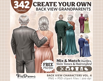 Grandparents Portrait Builder PNG PSD - Senior Couple Back View Clipart | Wedding & Family Art | Elderly Character Creator Kit