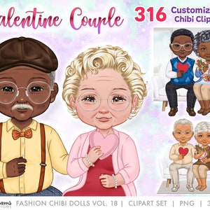 Valentine Romantic Chibi Old Couple Date Clipart | Cute Chibi Grandparents Couple  Sitting | Customizable Hair and Fashion PNG