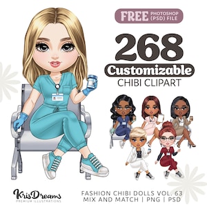 Chibi Nurse Customizable Clipart: Health Care Medical Scrubs PNG Bundle for Personalized Gifts - Ideal for Sublimation and Commercial Use