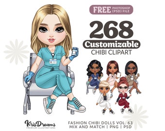 Chibi Nurse Clipart Bundle Customizable PNG for Sublimation Nurse Gifts Medical Scrubs Character Creator Healthcare Portrait DIY Kit