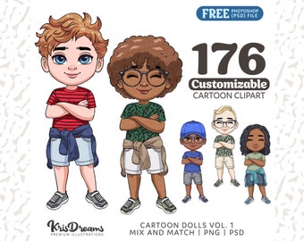 Cartoon Boys Customizable Clipart: Chibi Student Standing Png, Mix and Match Outfits and Hairstyles for Commercial Use