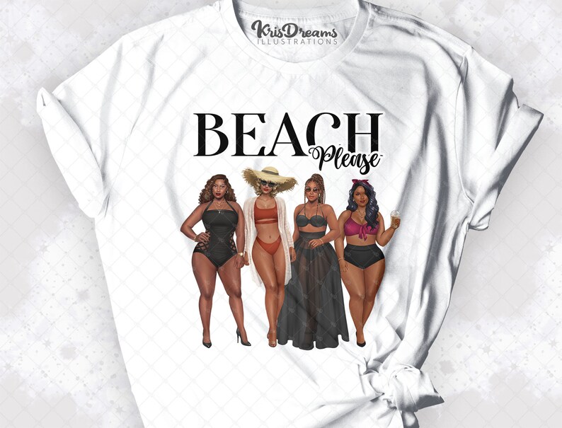 Może przedstawiać: Biała koszulka z grafiką przedstawiającą cztery kobiety w strojach kąpielowych i tekstem "Beach Please".