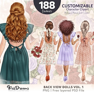 Muñeca de vista trasera personalizable, clipart PNG PSD, ilustración de moda bohemia de verano, creador de personajes DIY, arte de muñecas para combinar
