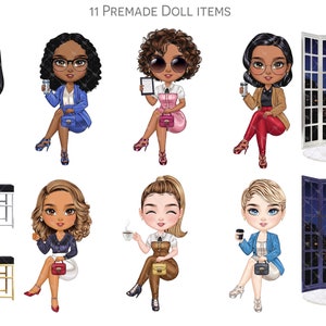 May include: 11 Premade Doll Items: A set of digital illustrations featuring diverse women in various poses, holding coffee cups, handbags, and laptops. The illustrations include a desk with a laptop, a window with a city view, and a window with a night cityscape.