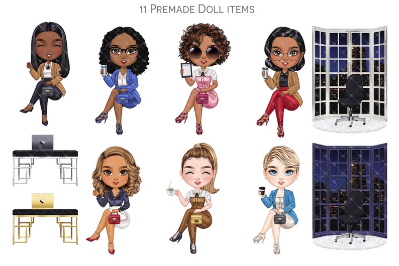 May include: 11 Premade Doll Items: A set of digital illustrations featuring diverse women in various poses, holding coffee cups, handbags, and laptops. The illustrations include a desk with a laptop, a window with a city view, and a window with a night cityscape.