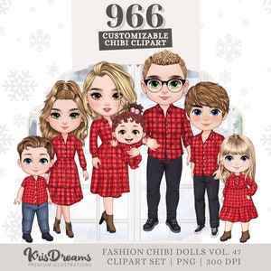 Christmas Clipart Chibi Family Png, Mom Dad Kids Teen Girl Boy Customizable Clipart, Custom Portrait, Digital Download, Personalized Gifts