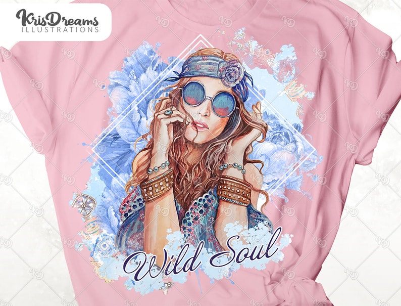 May include: A pink t-shirt with a watercolor design of a woman with long brown hair wearing a headband and sunglasses. The design includes blue flowers and the text "Wild Soul".