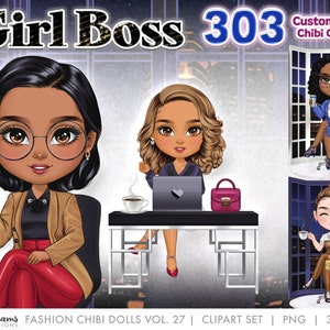 May include: Three digital illustrations of women in business attire. The first woman is wearing a brown jacket, red trousers, and glasses. She is holding a cup of coffee. The second woman is wearing a blue dress and is sitting at a desk with a laptop. The third woman is wearing a brown jumpsuit and is holding a cup of coffee. All three women are in front of a window with a city skyline.