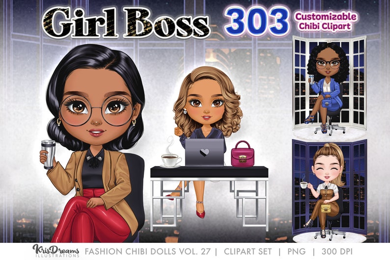May include: Three digital illustrations of women in business attire. The first woman is wearing a brown jacket, red trousers, and glasses. She is holding a cup of coffee. The second woman is wearing a blue dress and is sitting at a desk with a laptop. The third woman is wearing a brown jumpsuit and is holding a cup of coffee. All three women are in front of a window with a city skyline.
