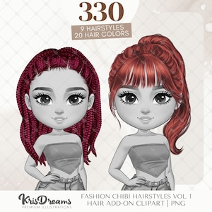 ちびヘアアドオン、ヘアスタイル PNG クリップアートバンドル、アフロヘア、カーリー、フロント、バックヘア、デジタルプランナーステッカー、昇華デザイン