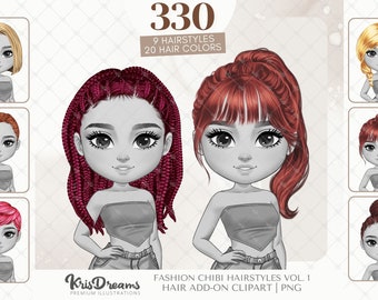 Chibi Hair Add-on, Hairstyle PNG Clipart Bundle, Afro Hair, Curly, Front, Back Hair, Digital Planner Stickers, Sublimation Design