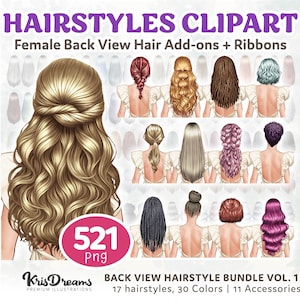Paquete de imágenes prediseñadas de peinados femeninos con vista trasera: 521 PNG con accesorios para el cabello y cintas, 30 colores, 17 estilos para crear personajes DIY.