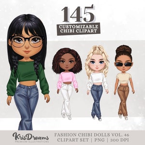 Chibi Teens Customizable Clipart: Mix and Match Digital Paper Doll with Cute Fashion and Hairstyles for Planner Icon & Sublimation Designs