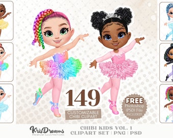 Ballerina Princess PNG Clipart Bundle: Chibi Girls in Customizable Tutu for Printable Wall Art and Scrap Book | PSD file included