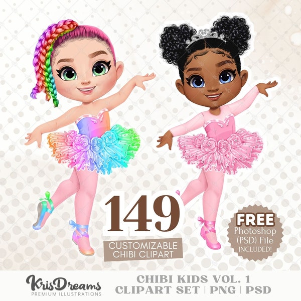 Ballerina Princess PNG Clipart Bundle: Chibi Girls in Customizable Tutu for Printable Wall Art and Scrap Book | PSD file included