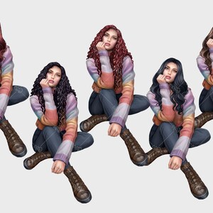 K&ouml;nnte beinhalten: Vier Frauen mit langen, lockigen Haaren sitzen mit gekreuzten Beinen. Sie tragen bunte gestreifte Pullover und blaue Jeans. Jede Frau tr&auml;gt braune Stiefel.