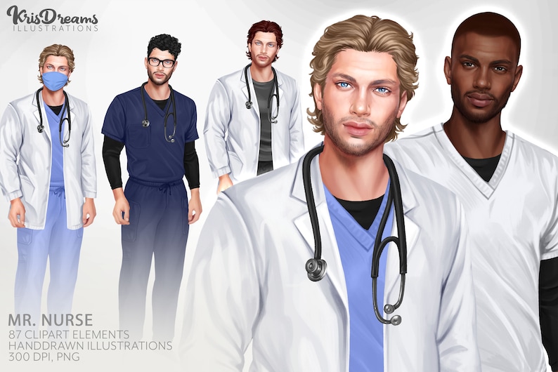 K&ouml;nnte beinhalten: F&uuml;nf Illustrationen von m&auml;nnlichen Krankenschwestern in verschiedenen Posen. Die Krankenschwestern tragen wei&szlig;e Kittel und Scrubs. Einige tragen Gesichtsmasken. Der Text "MR. NURSE" befindet sich am unteren Rand des Bildes.