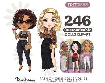 Chibi Best Friends Drinking Cocktail Clipart | Chibi Party Girls Sisters Night Out | Customizable Hair and Fashion Illustrations