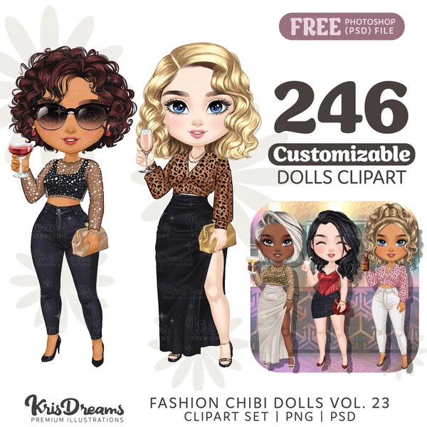 Chibi Best Friends Drinking Cocktail Clipart | Chibi Party Girls Sisters Night Out | Customizable Hair and Fashion Illustrations