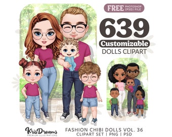 Adorable Chibi Family Clipart Bundle: Including Mom, Dad, Kids and Baby | Fun and Fashionable Clipart Set Perfect for Personalized Projects