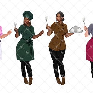 May include: Illustration of four female chefs in various uniforms. One wears pink, another green, a third brown, and the last gray. Each chef holds a kitchen tool or a covered serving dish. They are all wearing black pants and shoes.