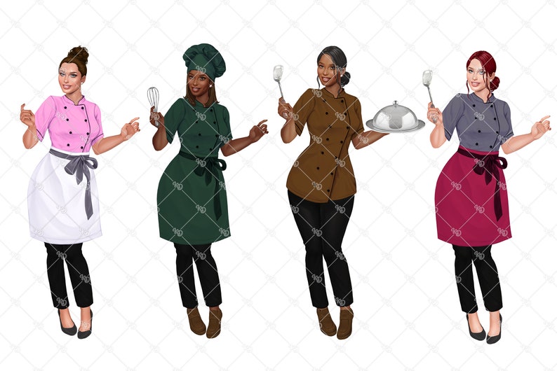 May include: Illustration of four female chefs in various uniforms. One wears pink, another green, a third brown, and the last gray. Each chef holds a kitchen tool or a covered serving dish. They are all wearing black pants and shoes.