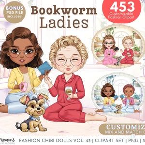 Chibi Mother Daughter Reading Clipart Bookworm Best Friends Sitting Book and Wine Png Customizable Hair and Fashion Illustrations