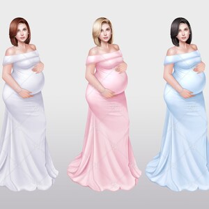 Peut inclure: Trois femmes enceintes portant de longues robes fluides. La femme de gauche porte une robe blanche, la femme du milieu porte une robe rose et la femme de droite porte une robe bleu clair.