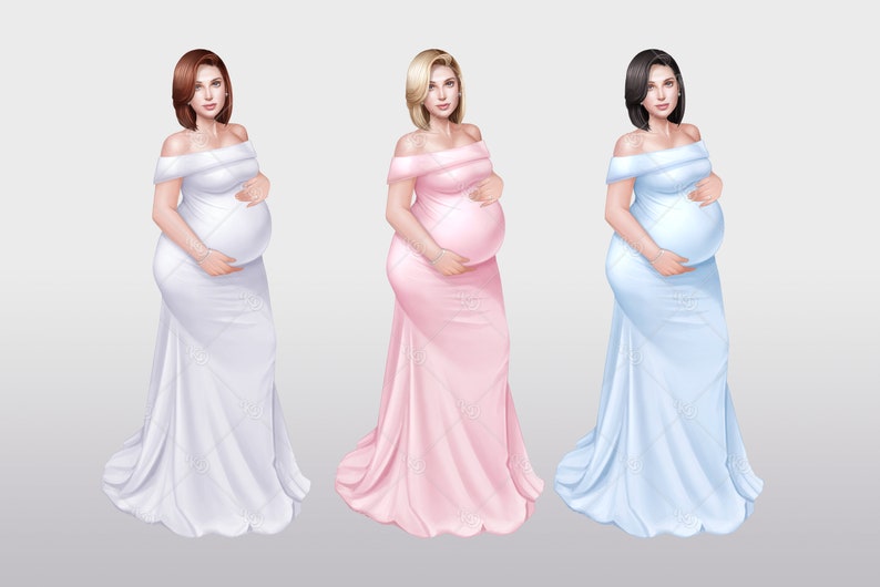 Peut inclure: Trois femmes enceintes portant de longues robes fluides. La femme de gauche porte une robe blanche, la femme du milieu porte une robe rose et la femme de droite porte une robe bleu clair.