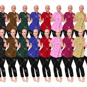 May include: A collection of chef coats in various colors, including gray, black, brown, green, blue, red, pink, burgundy, yellow, and white. Each coat has short sleeves, a button closure, and is paired with black pants. The image is a digital illustration.