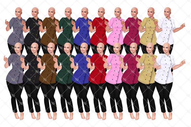 May include: A collection of chef coats in various colors, including gray, black, brown, green, blue, red, pink, burgundy, yellow, and white. Each coat has short sleeves, a button closure, and is paired with black pants. The image is a digital illustration.