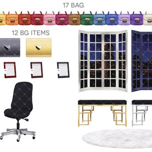 May include: A set of 17 colourful handbags, 12 background items including a chair, two windows, two tables, two picture frames, and two laptops, and a white fluffy rug.