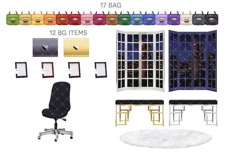 May include: A set of 17 colourful handbags, 12 background items including a chair, two windows, two tables, two picture frames, and two laptops, and a white fluffy rug.