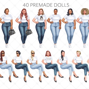 May include: 40 premade dolls with different hairstyles and outfits. The dolls are wearing white shirts and blue jeans. Some dolls are holding purses and some are sitting down. The dolls are all smiling.