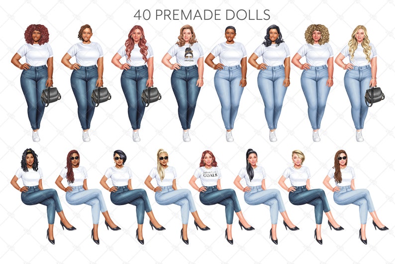 May include: 40 premade dolls with different hairstyles and outfits. The dolls are wearing white shirts and blue jeans. Some dolls are holding purses and some are sitting down. The dolls are all smiling.