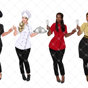 May include: Four digital illustrations of female chefs in various uniforms. One wears a black chef's coat and hat, another a white coat and hat, a third a red coat, and the last a yellow coat with a black apron. Each holds a whisk or a serving dish.