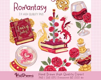 Romantasy Dragons Book, png PNGEgg | Fantasie zwaard rozen SVG | Donkere romantiek draken clipart | Gotische sprookjeskunst voor sublimatie, printables