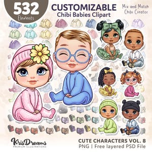 Customizable Chibi Baby Clipart Bundle PNG PSD | Mix and Match Baby Creator | Cute Chibi Baby Characters | Kids Clip Art for Sublimation