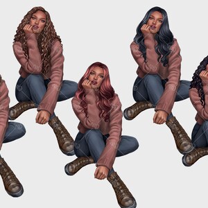 K&ouml;nnte beinhalten: F&uuml;nf digitale Illustrationen von Frauen mit verschiedenen Haarfarben, die rosa Pullover und blaue Jeans tragen. Sie sitzen alle mit gekreuzten Beinen und den H&auml;nden am Kinn.
