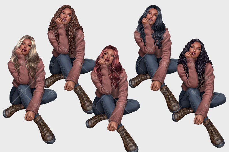 K&ouml;nnte beinhalten: F&uuml;nf digitale Illustrationen von Frauen mit verschiedenen Haarfarben, die rosa Pullover und blaue Jeans tragen. Sie sitzen alle mit gekreuzten Beinen und den H&auml;nden am Kinn.