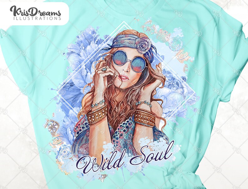 May include: A turquoise t-shirt with a watercolor design of a woman with long brown hair wearing round sunglasses and a headband. The woman is surrounded by blue flowers and the text "Wild Soul" is printed below her.