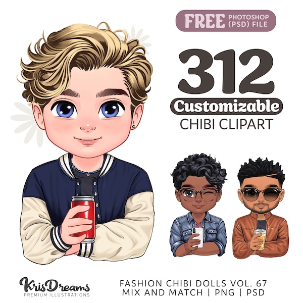 Chibi Style Build your Own Character Clipart Set, Male Boy Husband Dad Clipart, Drinks, Mix and Match Customizable Chibi