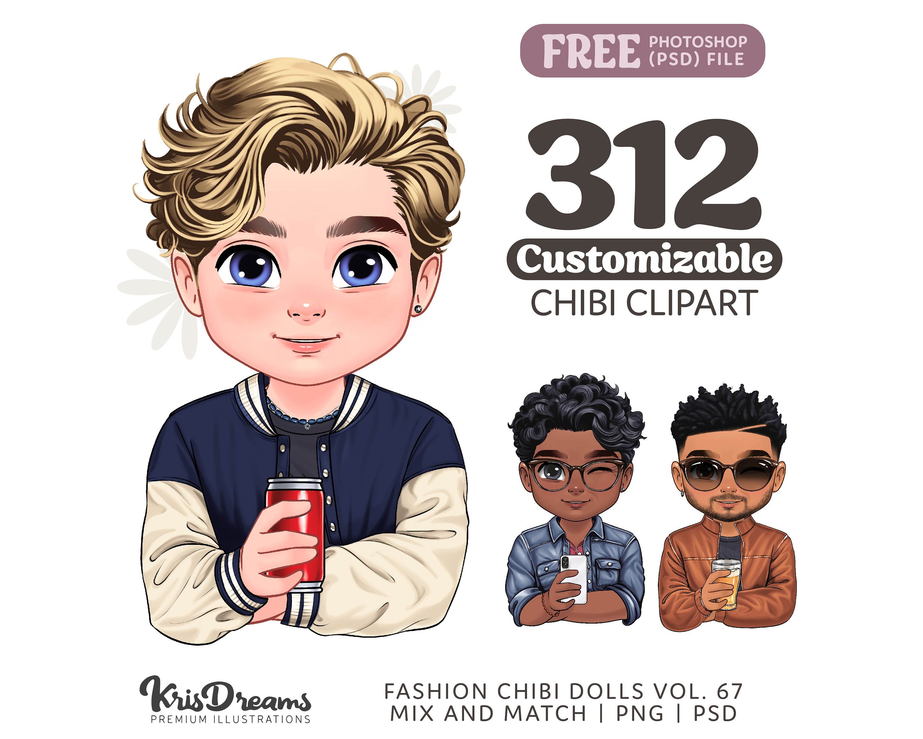 Chibi Style Build your Own Character Clipart Set, Male Boy Husband Dad Clipart, Drinks, Mix and Match Customizable Chibi